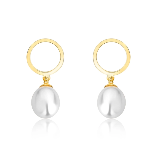 Brinco pingente círculo vazado ouro 18k com gota Pérola de Arroz