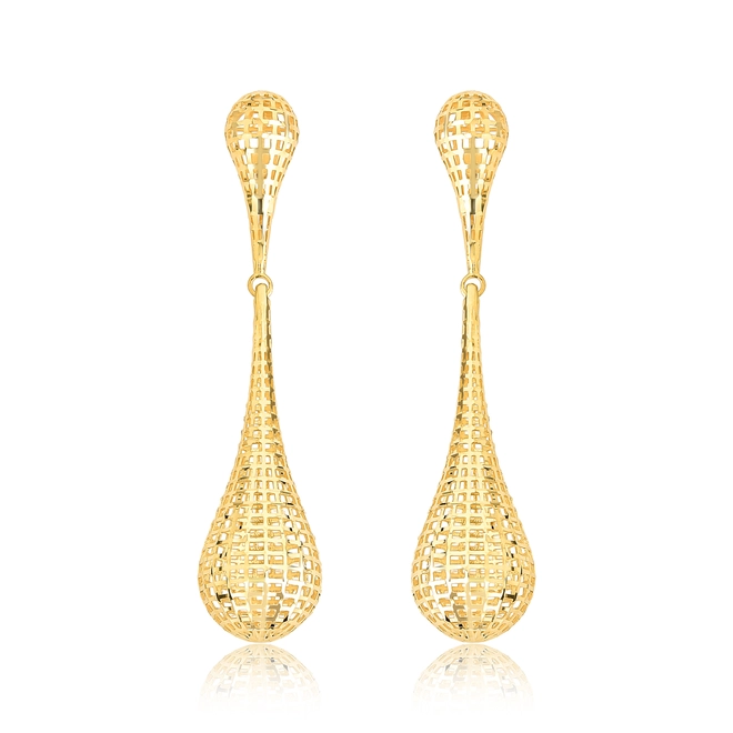 Brinco pingente gota alongada ouro 18k telada polida 1