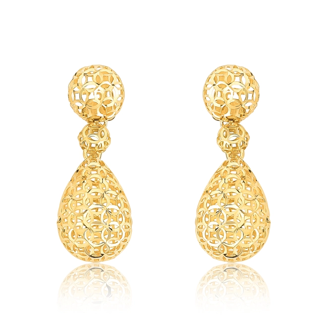 Brinco pingente bolas e gota renda filigrana ouro 18k diamantado 1