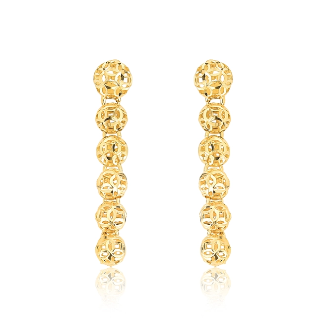 Brinco pingente articulado ouro 18k com seis bolas renda filigrana diamantada 1