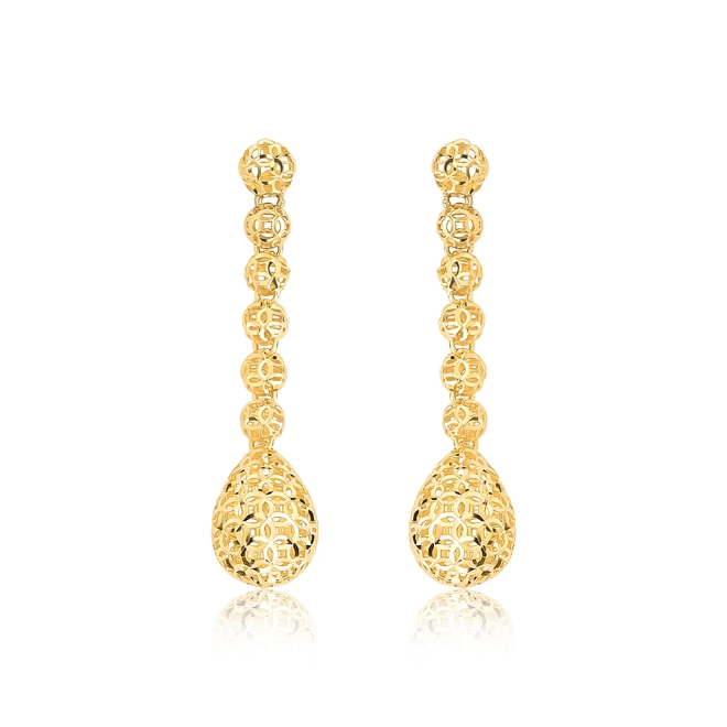 Brinco pingente ouro 18k bolas com gota renda filigrana diamantada 1