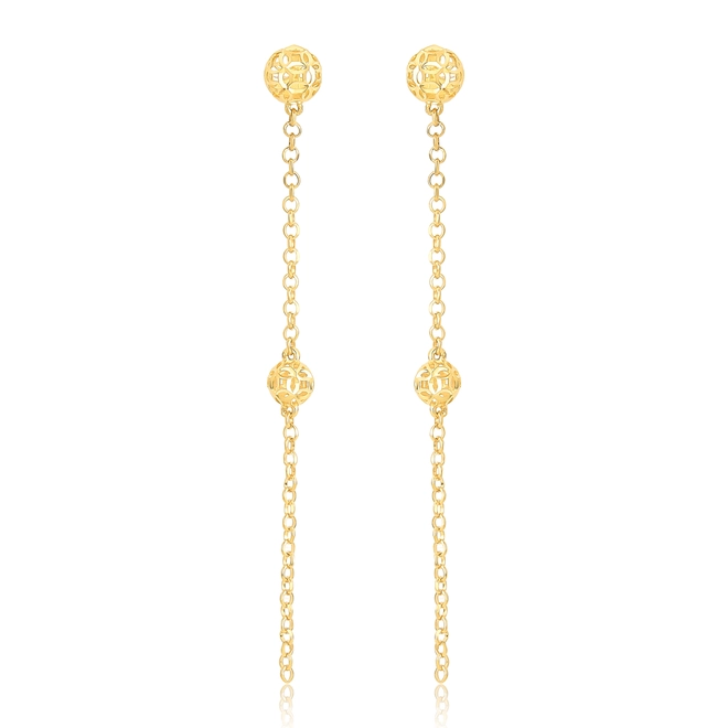 Brinco pingente corrente ouro 18k com bolas renda filigrana diamantada 1