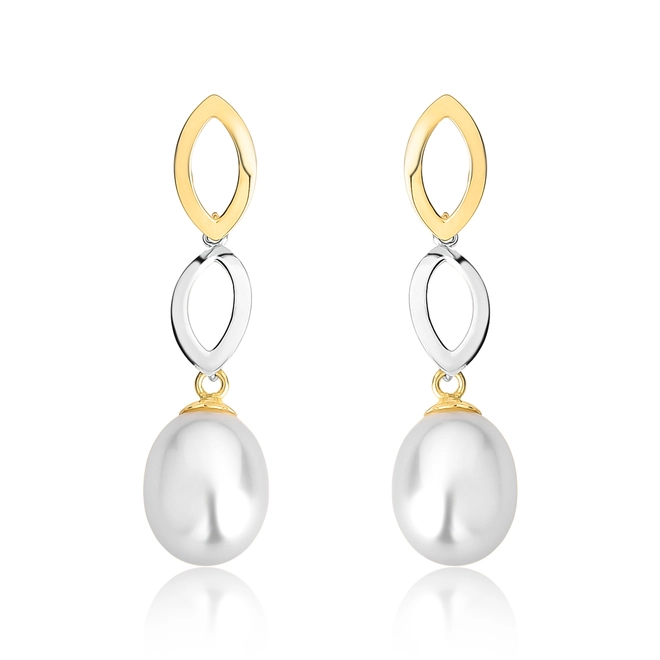 Brinco pingente navetes ouro amarelo e branco 18k e gota de Pérola de Arroz 1