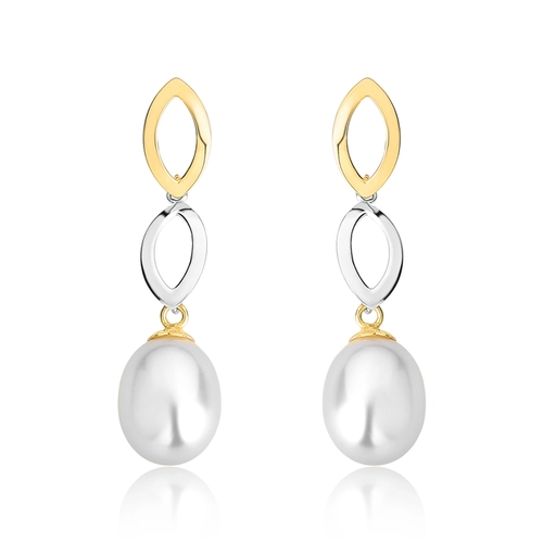 Brinco pingente navetes ouro amarelo e branco 18k e gota de Pérola de Arroz