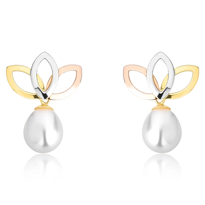 Brinco ramo ouro branco rosé e amarelo 18k gota de Pérola Arroz 1