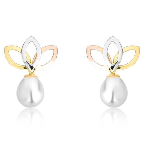 Brinco ramo ouro branco rosé e amarelo 18k gota de Pérola Arroz