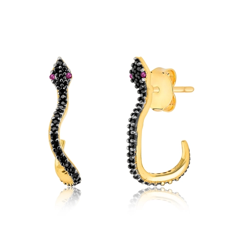 Brinco For me Serpent Ear cuff prata 925 dourada Espinélios e olhos de Zircônios Vermelhas
