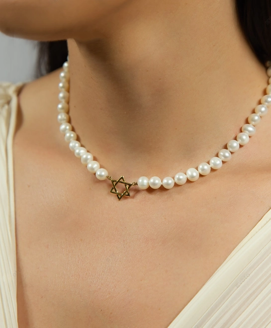 Gargantilha de Pérolas barrocas ouro 18k pingente Estrela de Davi polida 2