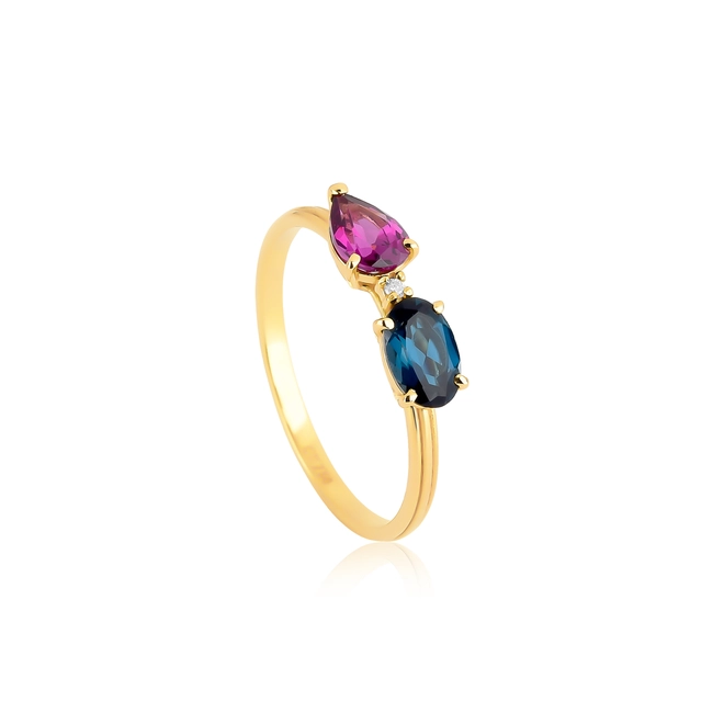 Anel Coloré ouro 18k gemas Rodolita Diamante e Topázio London 1
