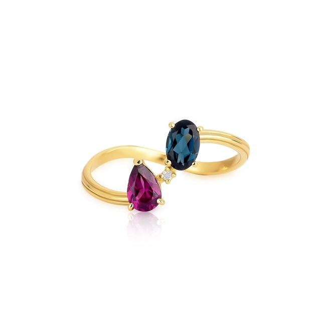 Anel Coloré ondulado frisado ouro 18k com Rodolita Diamante e Topázio London 5