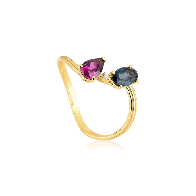 Anel Coloré ondulado frisado ouro 18k com Rodolita Diamante e Topázio London 1