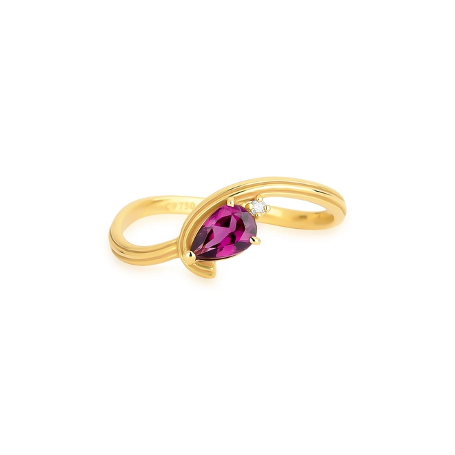 Anel Coloré aro frisado com curva ouro 18k com Rodolita e Diamante 5