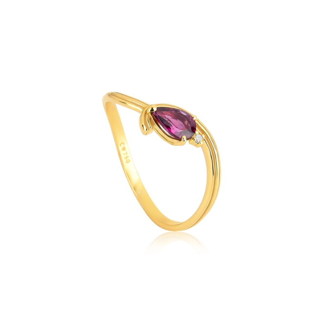 Anel Coloré aro frisado com curva ouro 18k com Rodolita e Diamante 1