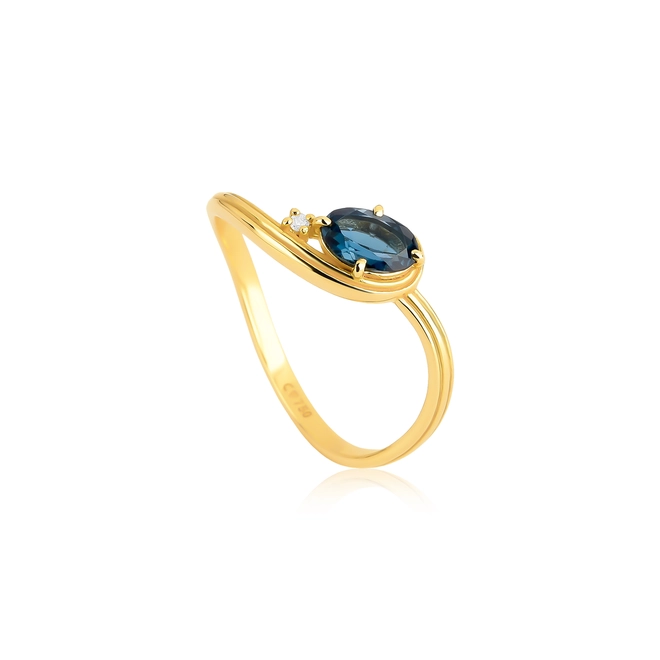 Anel Coloré aro frisado curva ouro 18k com Topázio London e Diamante 1