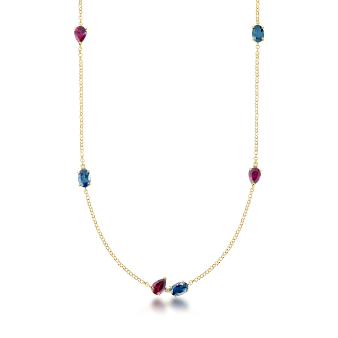 Gargantilha Coloré ouro 18k intercalada com Rodolitas Topázios London e Diamante 1