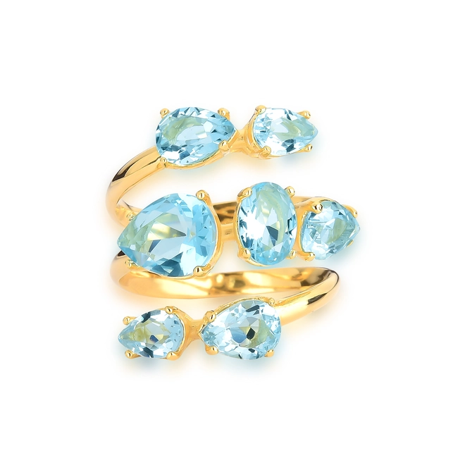 Anel For me espiral três aros prata 925 dourada com gemas de vidro azul 3