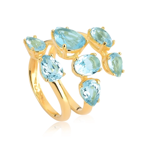 Anel For me espiral três aros prata 925 dourada com gemas de vidro azul