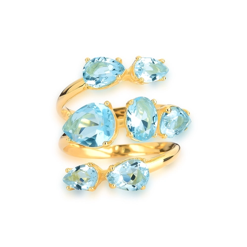 Anel For me espiral três aros prata 925 dourada com gemas de vidro azul