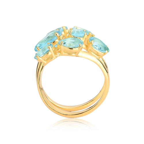 Anel For me espiral três aros prata 925 dourada com gemas de vidro azul