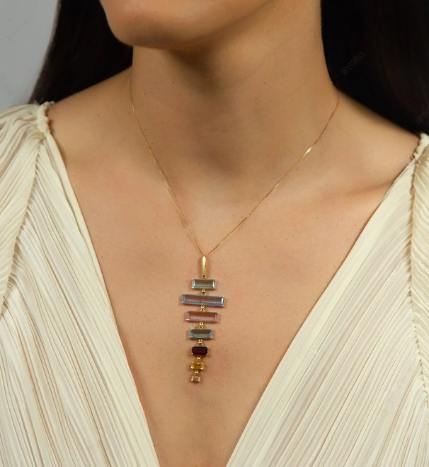Pingente Baguettes ouro 18k mix de Gemas Brasileiras 1