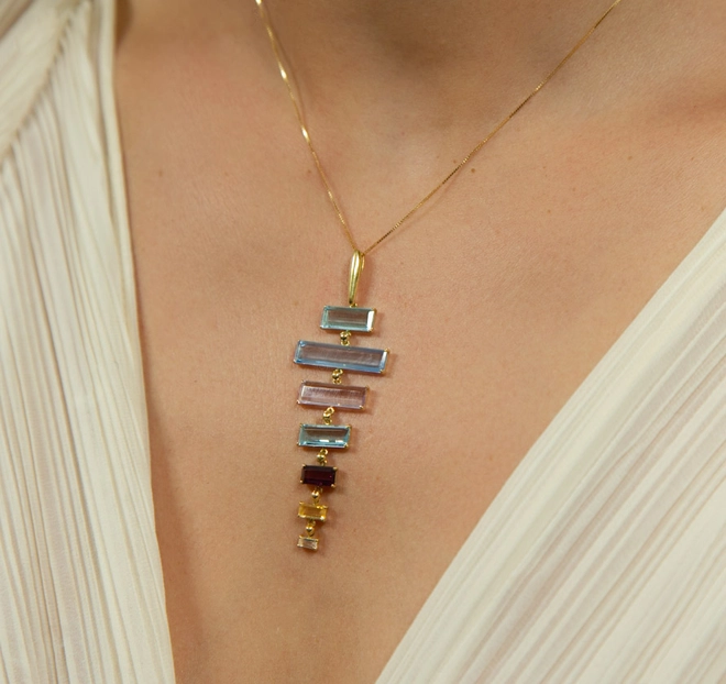 Pingente Baguettes ouro 18k mix de Gemas Brasileiras 2