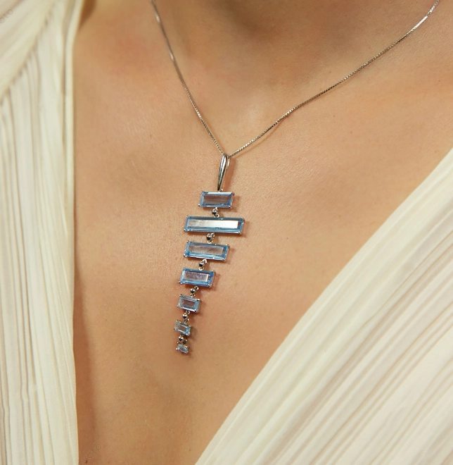 Pingente Baguetes articulado ouro branco 18k com gemas de Topázio London 1