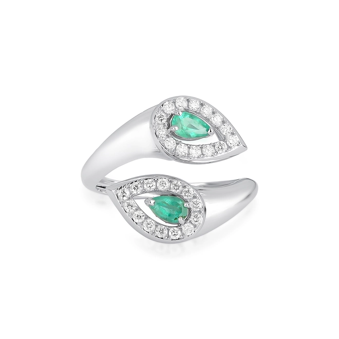 Anel gotas de Esmeraldas ouro branco 18k com Diamantes 3