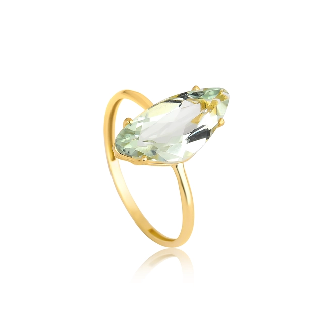 Anel aro ouro 18k com gema triangular irregular facetada de Prasiolita 1