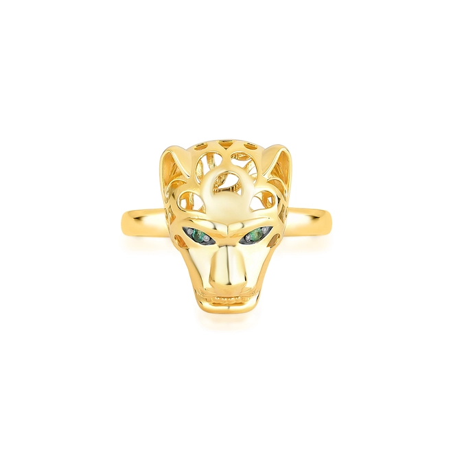 Anel cabeça de pantera vazada ouro 18k com olhos de Esmeraldas 3
