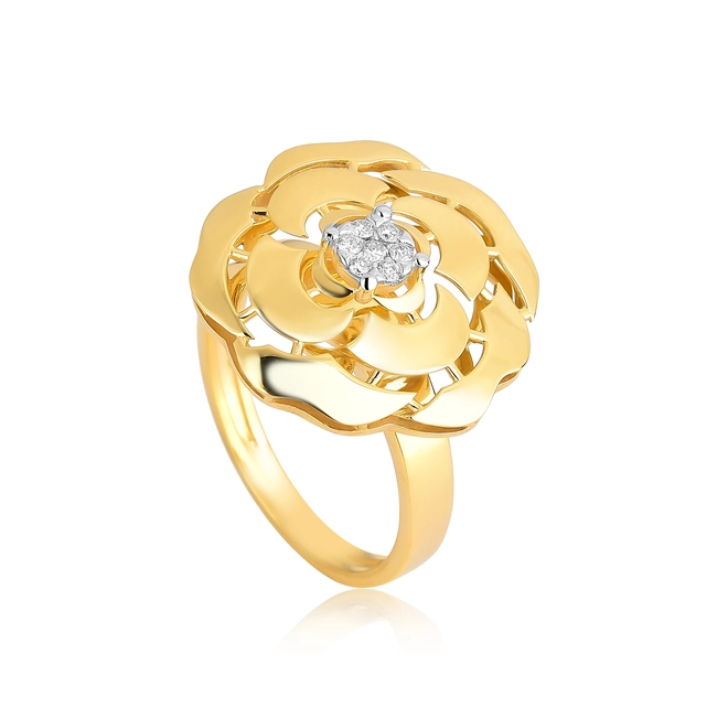 Anel flor pétalas polida ouro 18k miolo de 7,4pts de Diamantes 1