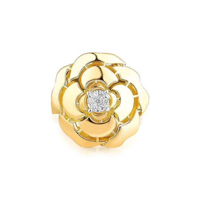 Anel flor pétalas polida ouro 18k miolo de 7,4pts de Diamantes 3