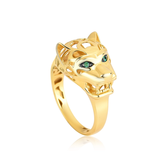 Anel aro cabeça de pantera ouro 18k com olhos de Esmeralda 1