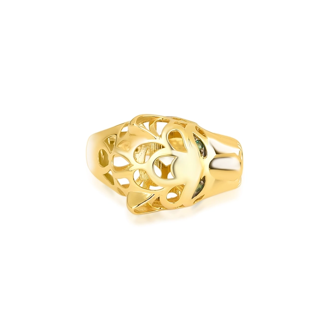 Anel aro cabeça de pantera ouro 18k com olhos de Esmeralda 3