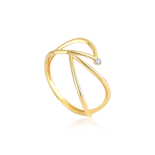 Anel geométrico fio tubular ouro 18k flor de Diamante