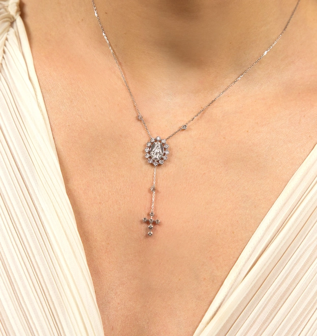 Gargantilha Rosário Nossa Senhora das Graças ouro branco 18k com Diamantes 1