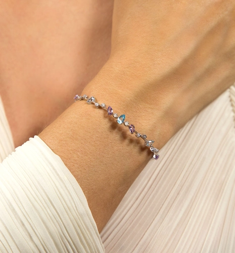 Pulseira bracelete ouro branco 18k com Ametista, Topázio e Diamantes