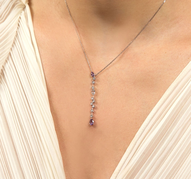 Gargantilha gravatinha ouro branco 18k com gemas Ametista, Topázio e Diamantes 1