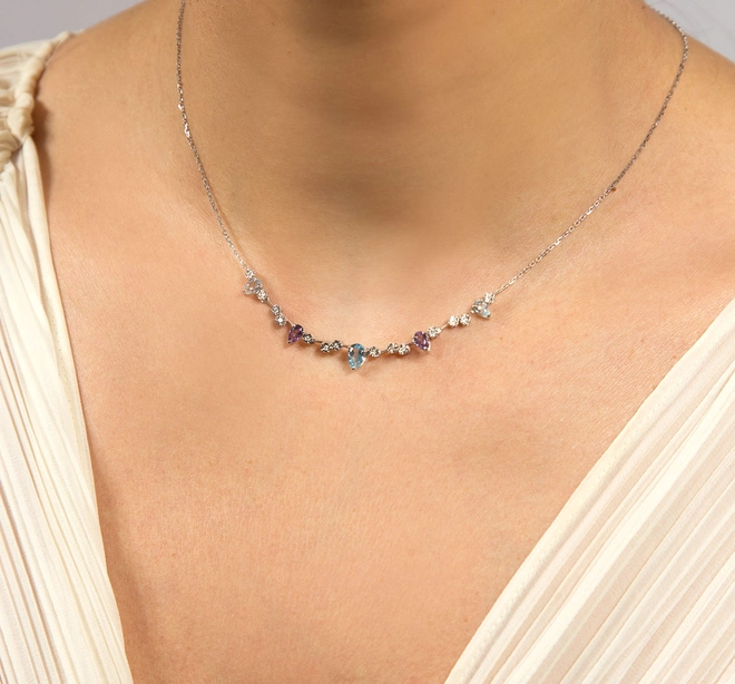 Gargantilha corrente ouro branco 18k com gotas de Ametista, Topázios e Diamantes 1