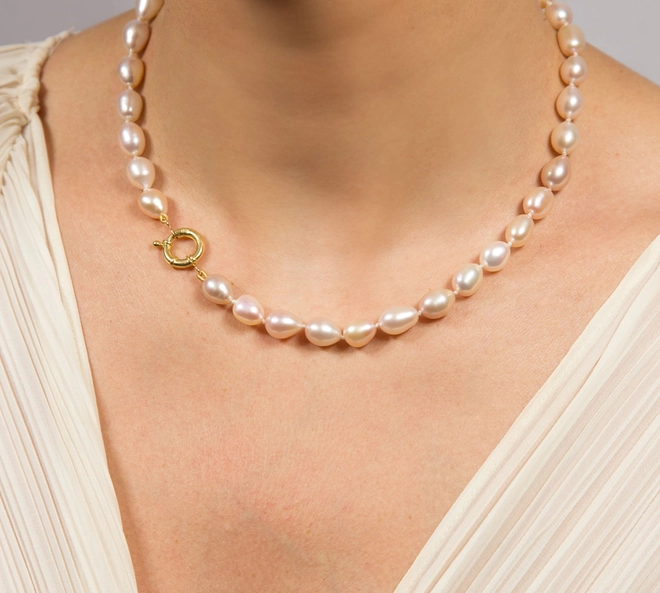 Gargantilha de Pérolas Biwa rosé ouro 18k fecho boia polido 1