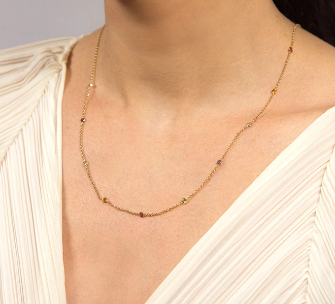 Gargantilha corrente ouro 18k intercalada com mix de Gemas Brasileiras 60CM 1