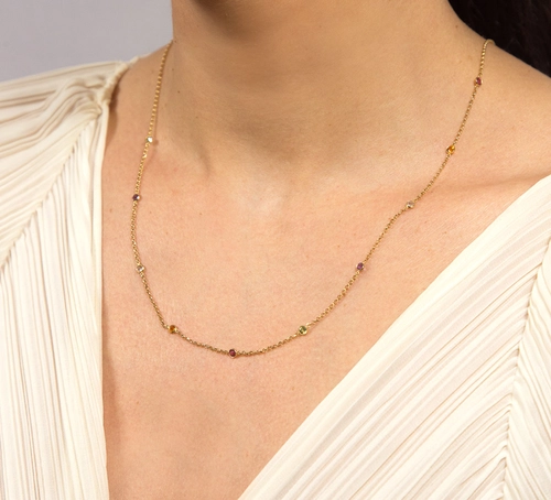 Gargantilha corrente ouro 18k intercalada com mix de Gemas Brasileiras 60CM