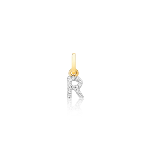 Pingente letra "R" ouro 18k com Zircônias brancas rodinadas