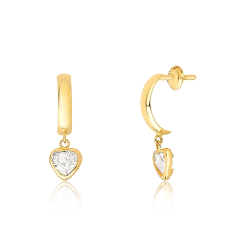 Brinco meia argola ouro 18k pingente coração de Zircônia