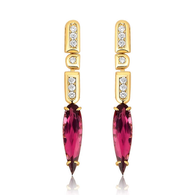 Brinco Colosseo pingente ouro 18k módulos simétricos com Diamantes e Turmalina rosa 1