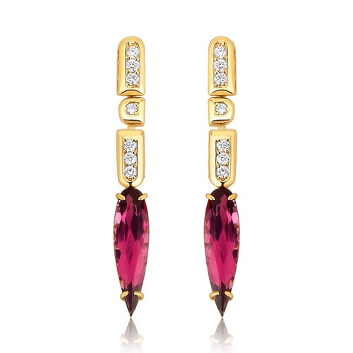 Brinco Colosseo pingente ouro 18k módulos simétricos com Diamantes e Turmalina rosa