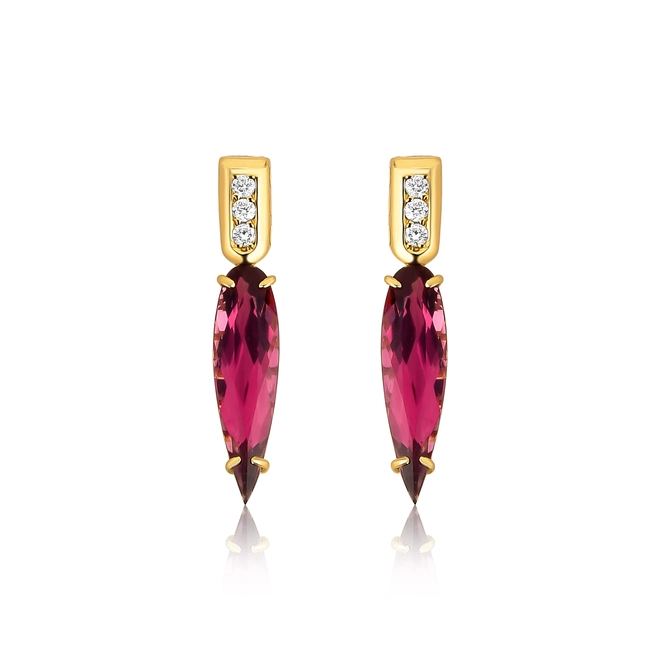 Brinco Colosseo ouro 18k pingente módulos com Diamantes e gota de Turmalina Rosa 1