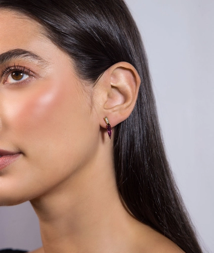 Brinco Colosseo ouro 18k pingente módulos com Diamantes e gota de Turmalina Rosa