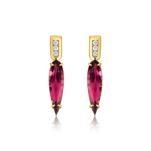 Brinco Colosseo ouro 18k pingente módulos com Diamantes e gota de Turmalina Rosa