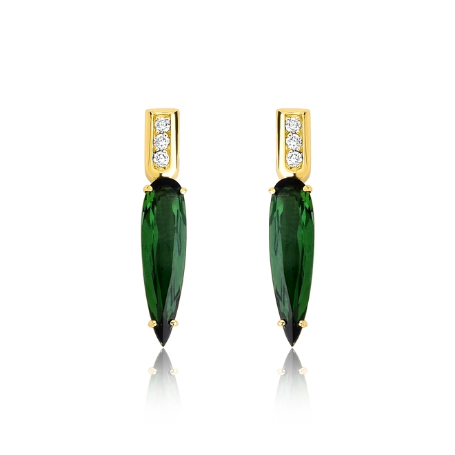 Brinco Colosseo pingente ouro 18k módulos simétricos com Diamantes e Turmalina Verde 1