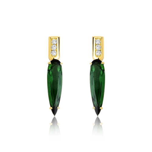 Brinco Colosseo pingente ouro 18k módulos simétricos com Diamantes e Turmalina Verde